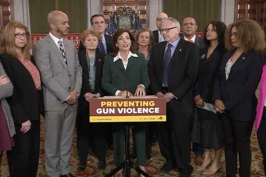Gov. Kathy Hochul at the podium.