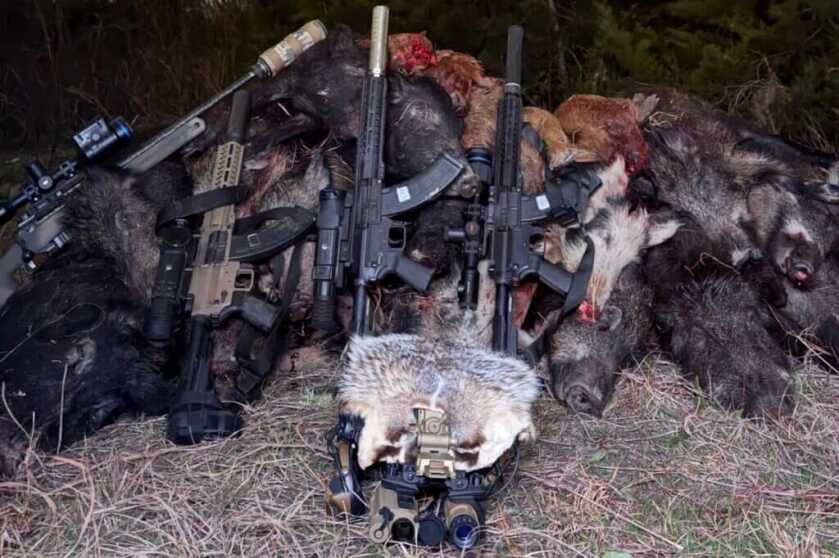 guns, dead animals, and night vision helmet