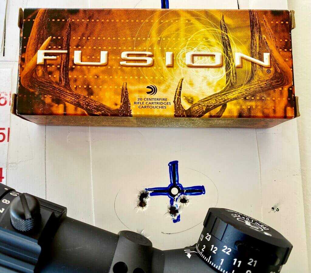 5 shot group on a target with fusion ammo nearby
