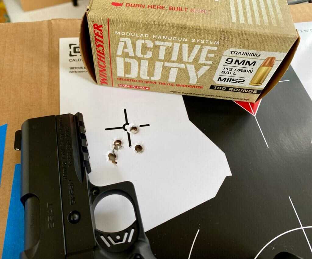 Witness 2311 BRAT 1.1 inch five shot offhand group at 8 yards with Winchester Active Duty