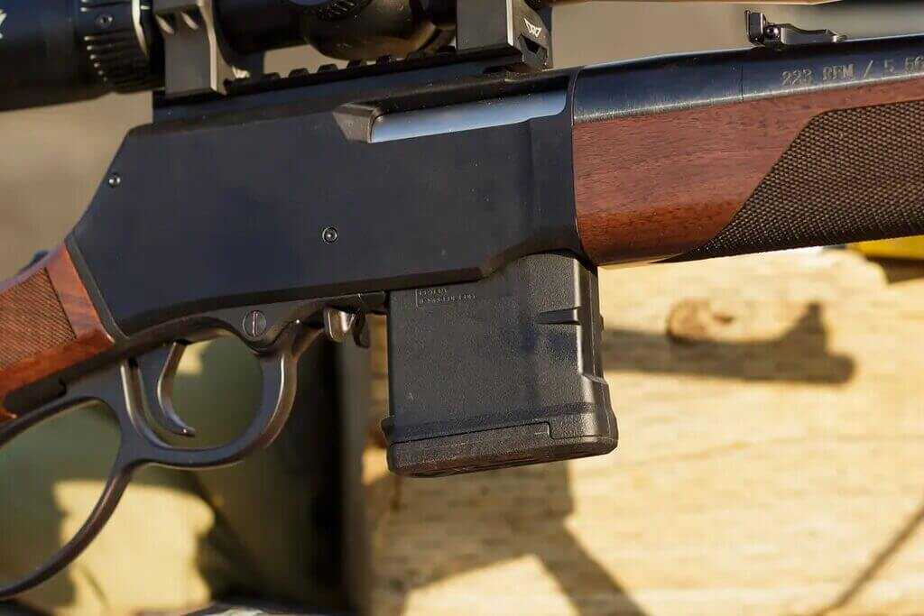 Henry Lever Action Supreme receiver with AR-15 Magpul PMAG inserted showing detachable magazine system