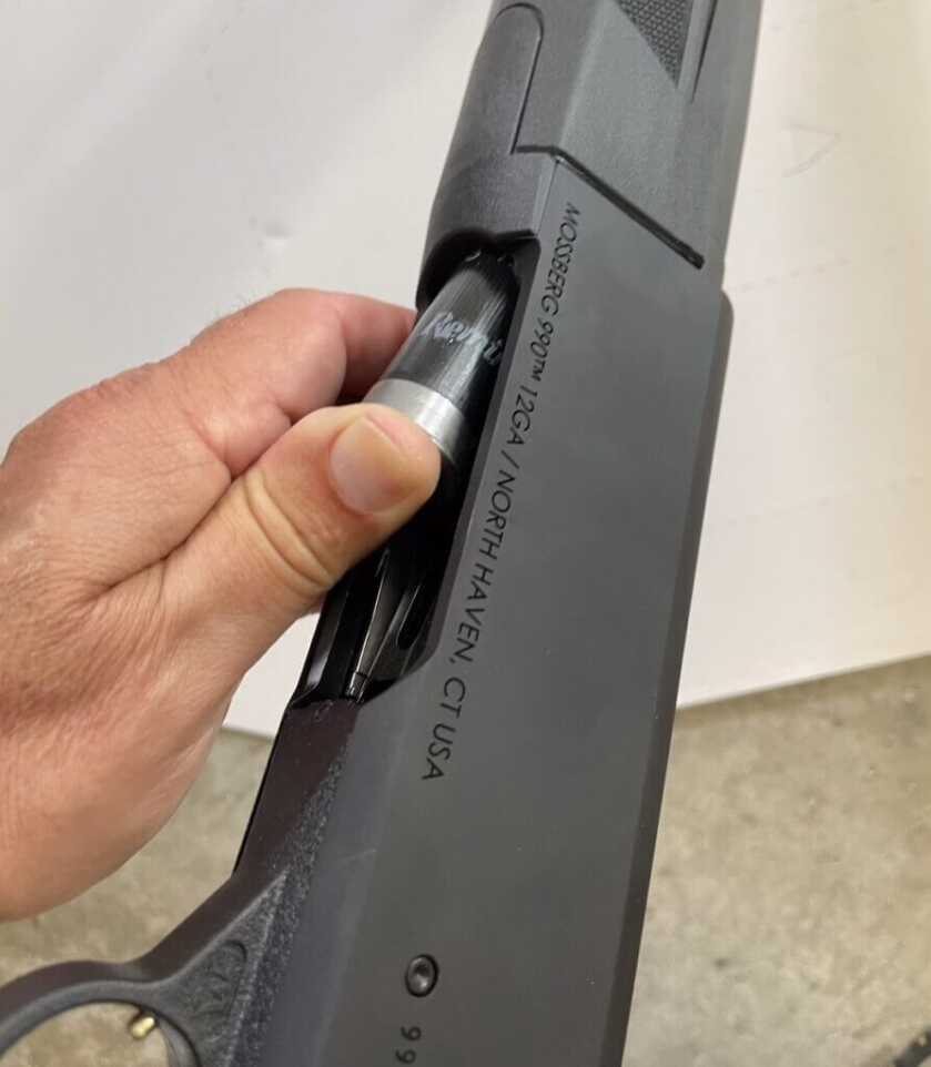 Mossberg 990 Aftershock beveled loading port closeup for faster reloads