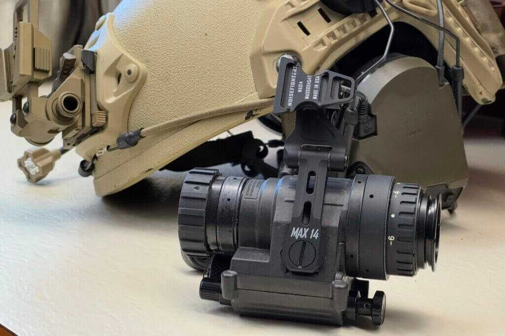 Noisefighters MAX14 PVS-14 mount in 7075-T6 aluminum weighing 1.0 ounce on helmet dovetail