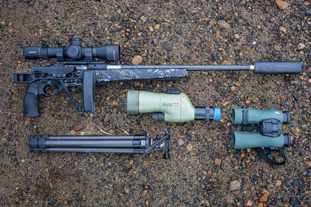 Ultralight backcountry glassing and shooting rig with Seekins Precision rifle, Aziak tripod, Ridge Warden head, Kowa TSN 550, and Swarovski NL Pure binos