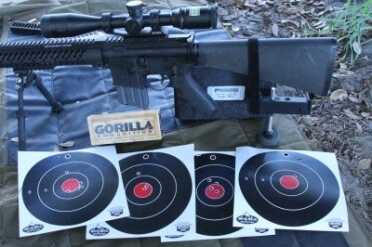 It is surprisingly stable. We were able to shoot at the same precision that a Caldwell Lead Sled provides, but the system is somewhat solid. These groups were mixed up slow fire and quick single and double shots. It is better than nothing for sure. The monopod moving really isn't an issue. It is just a very light rifle to keep still.