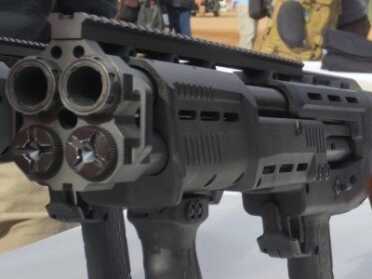 The DP 12 Double Barreled Pump--SHOT Show 2015 The slide is almost too fat to hold, so it comes with a forward grip.