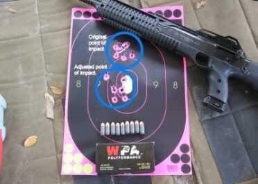 My big concern with this gun was accuracy, but it came in at about the same accuracy at 25 yards that I can shoot with a handgun. The top groups is where it came zeroed from the factory, I adjusted it down to zero at 25 yards. 