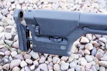 The Magpul PRS Precision-Adjustable Stock allows adjustment of length of pull and comb height.