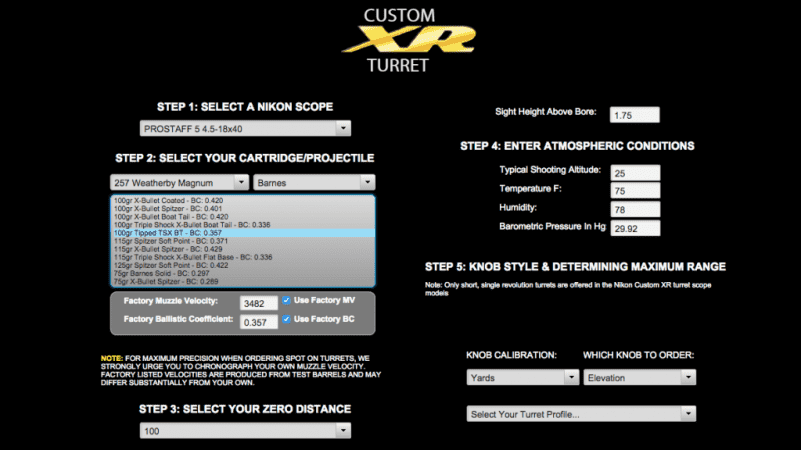Long Range Made Easy with Nikon's ProStaff 5 Custom XR I entered details about my rifle, scope mount, and specific ammunition performance on Nikon's web site to configure my custom turret cap.