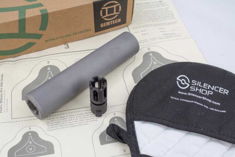 The Gemtech G5-T 5.56mm suppressor with flash hider mount.