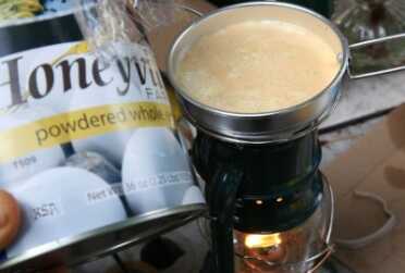 The first thing I tried to cook were Honeyville Whole Eggs, reconstituted with water and some bullion powder for seasoning. These eggs have been sold out for months, but they weren't sold out when my original article on food ran over a year and a half ago. 