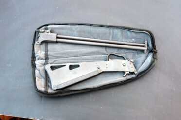 The broken down rifle stores neatly in two pieces.