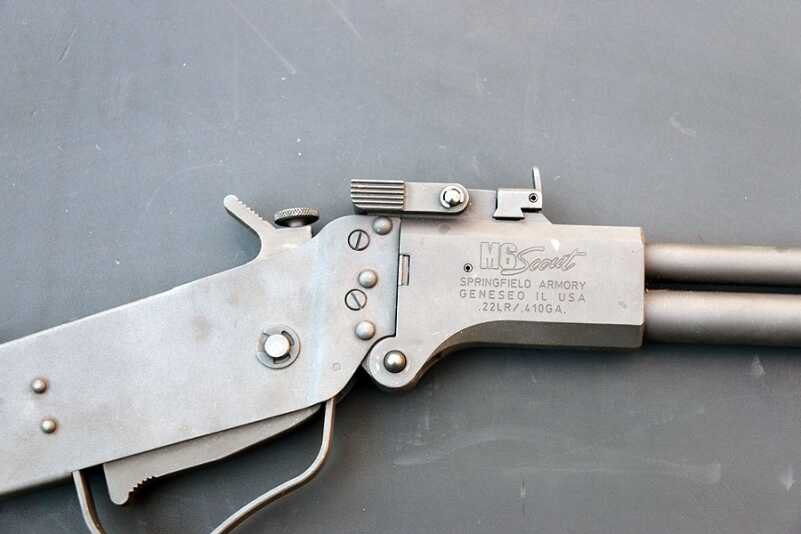 The rear sight is in front of the break, and has an open V and a peep sight.