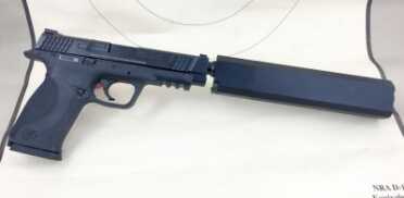 The M&P 45 Threaded shown here with a SilencerCo Osprey 45. The flat-sided suppressor paired well with the M&P, adding nothing to the width of the whole package. 