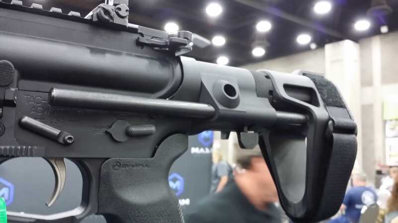 The SB Tactical Maxim stabilization brace features a knurled collapse button along with built-in sling mounts. 