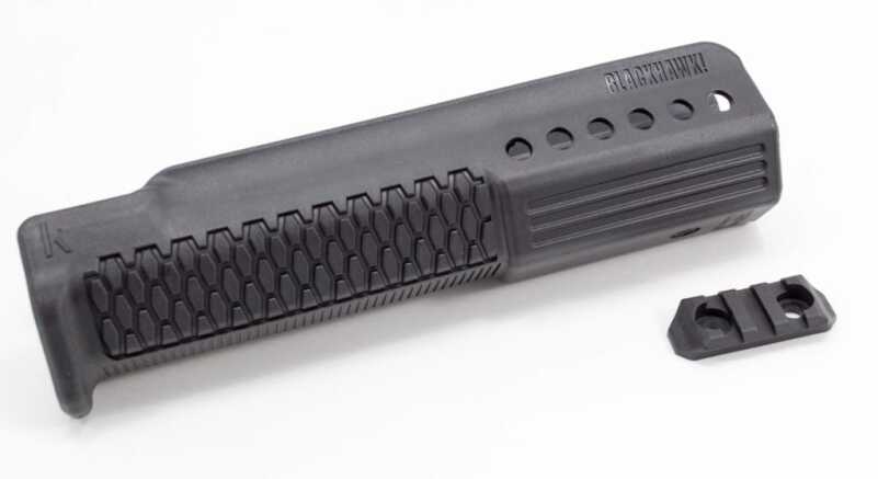 The forend has mounting positions for rail segments on both sides so you can add lights or lasers. 