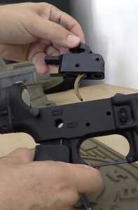 The BFS is designed to drop in to any standard AR-15 lower. There are two rings on the lower face of the trigger housing that can interface with included shims for precise fitting.