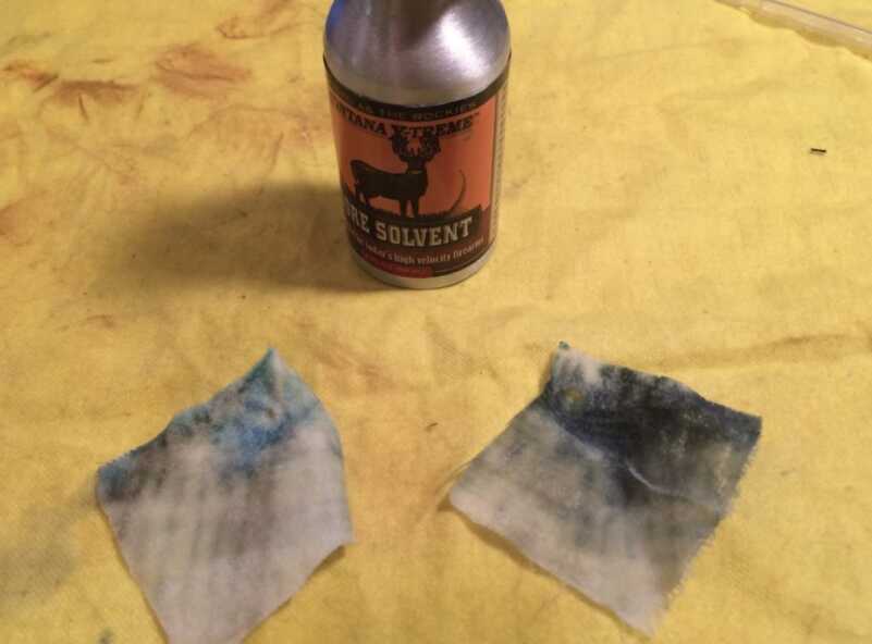 The turquoise color indicates that the solvent is pulling copper residue out of the barrel. 