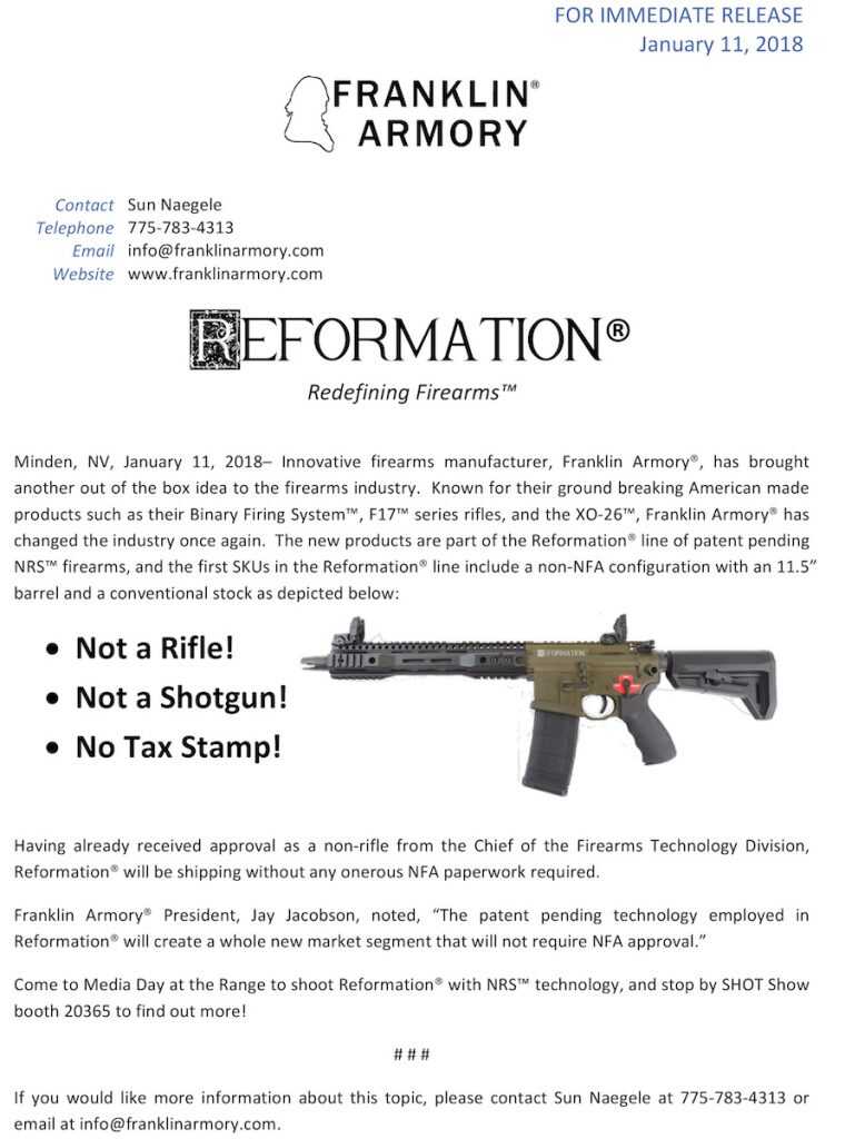 Franklin Armory to Introduce Non-NFA 11.5-Inch AR-Pattern Firearm Reformation