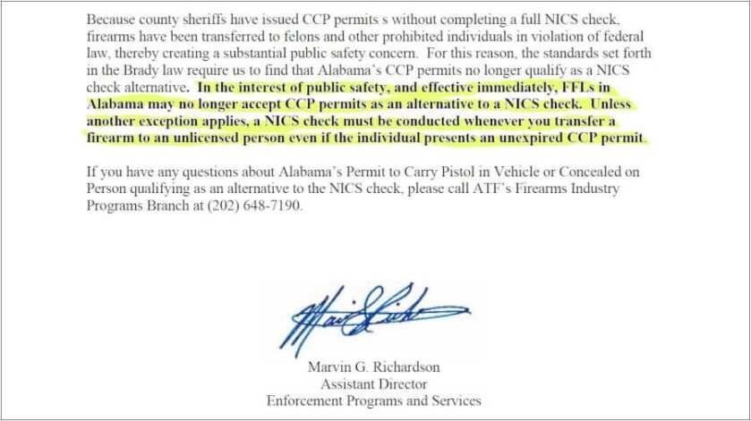 ATF: Alabama Concealed-Carry Permit Holders No Longer Exempt from NICS Checks ATF: Alabama Concealed-Carry Permit Holders No Longer Exempt from NICS Checks