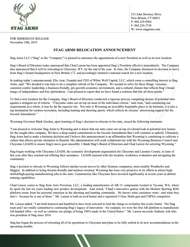 Stag Arms Relocates to Wyoming, Leaves Connecticut Stag Arms Relocates to Wyoming, Leaves Connecticut