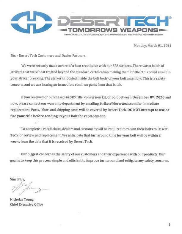 Desert Tech Issues Immediate Recall on SRS Strikers