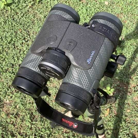 Review: Burris LRF 10x42 binoculars Burris binoculars on tripod outside with grass