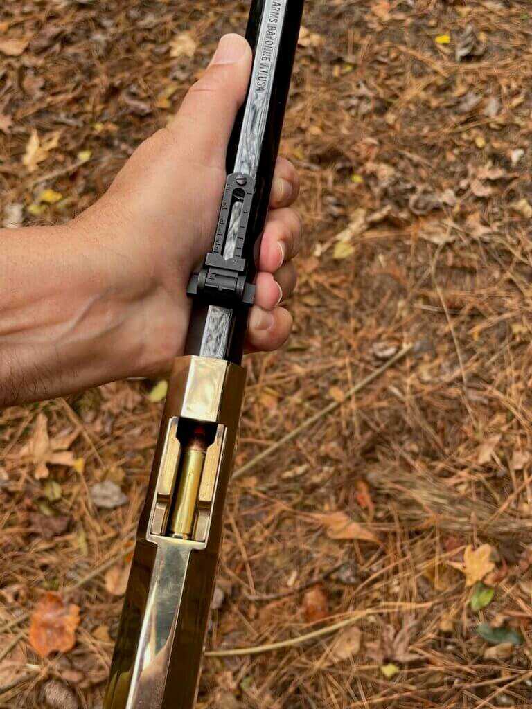 3 - Hunt365 - The New Original Henry In Hunt Camp New Original Henry closeup on the brass elevator in the hunter's hand