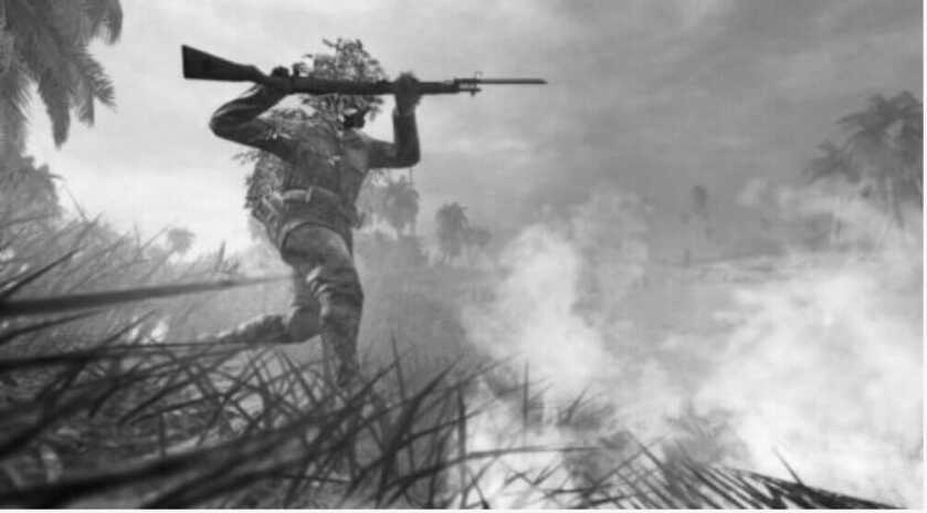 soldier with leafy ghillie suit and a a gun running through the battlefield