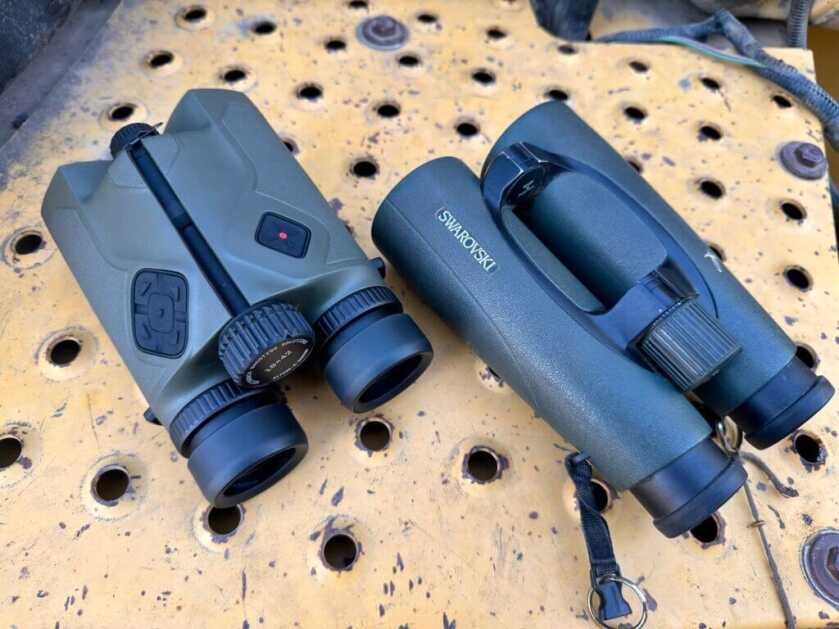 Two different binoculars are compared on an old tractor.