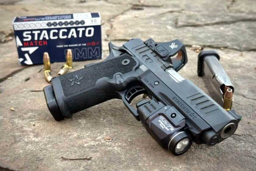 Staccato C with Vortex red dot and TLR-7X on rock pavement