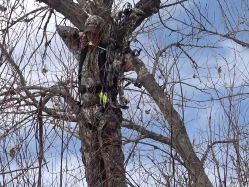 person in a tree during late season hunting