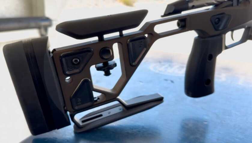 Closeup image of the buttstock of the Ace rifle.