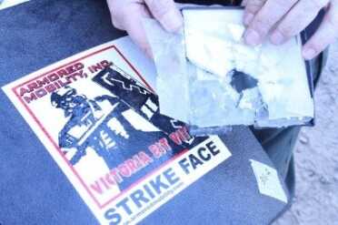 The 3 pound pure plastic plate next to a shattered piece of ballistic ceramic. AMI trauma plates can withstand multiple hits into the same hole without breaking, and they can be thrown out a car window and remain unharmed and 100% effective.