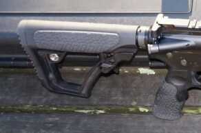 The stock adjusts quickly and locks firmly in place.  The padded sections are easier on cheekbones than raw polymer. 