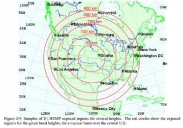 One large device could theoretically effect most of North America if it were popped from space. 