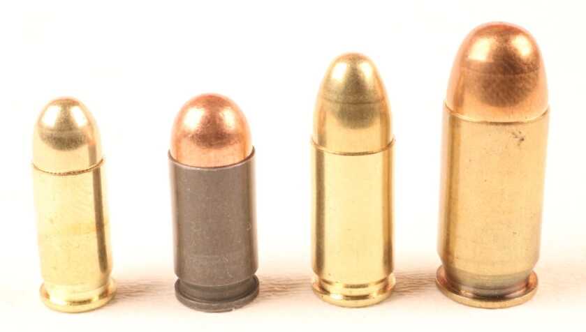 32ACP, the 9x18mm Makarov, the 9x19mm Parabellum, and the .45ACP