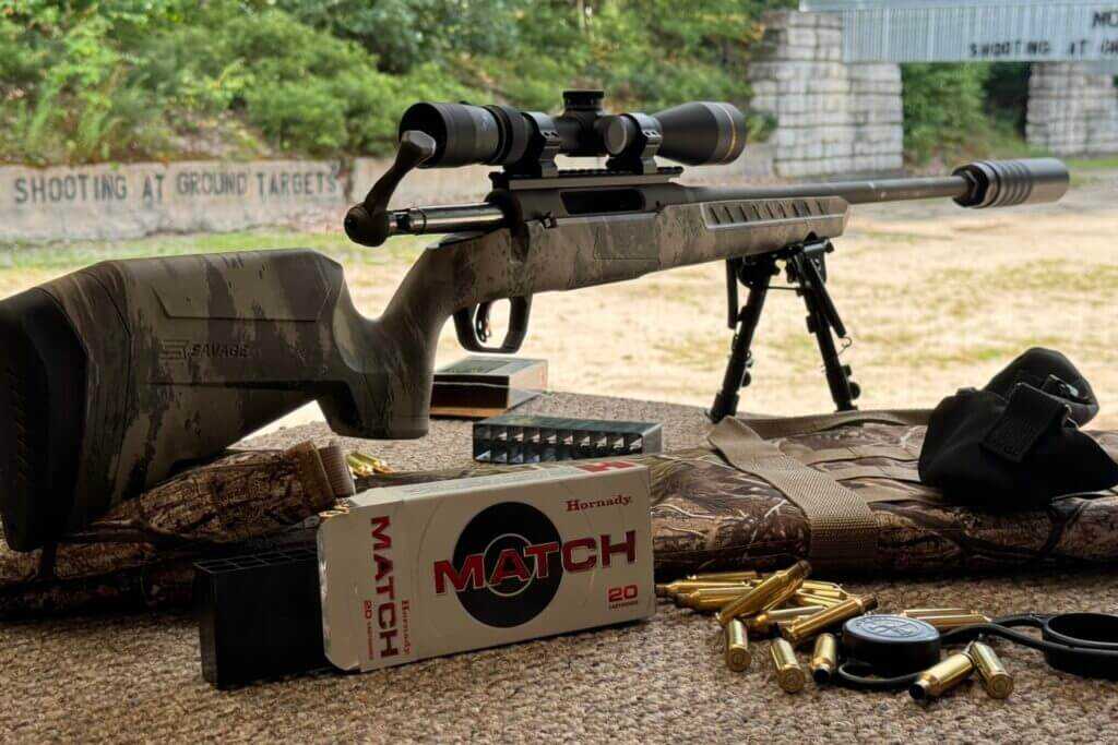 Shooting groups with the Savage AXIS 2 Pro bolt-action rifle using Hornady Match ammo on the bench