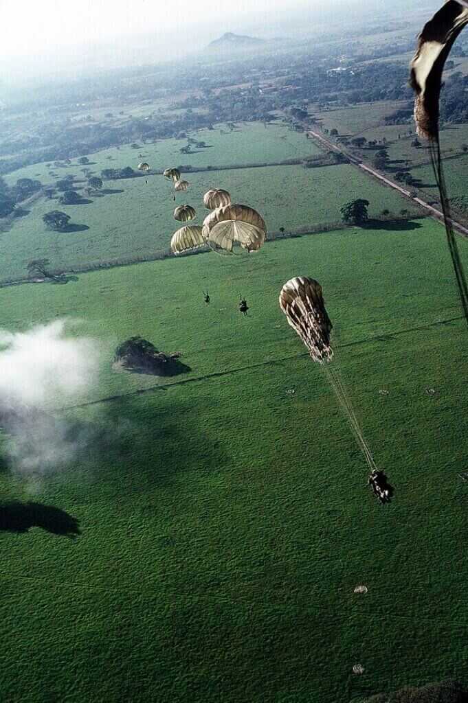 Paratroopers descending during Panama invasion Operation Just Cause