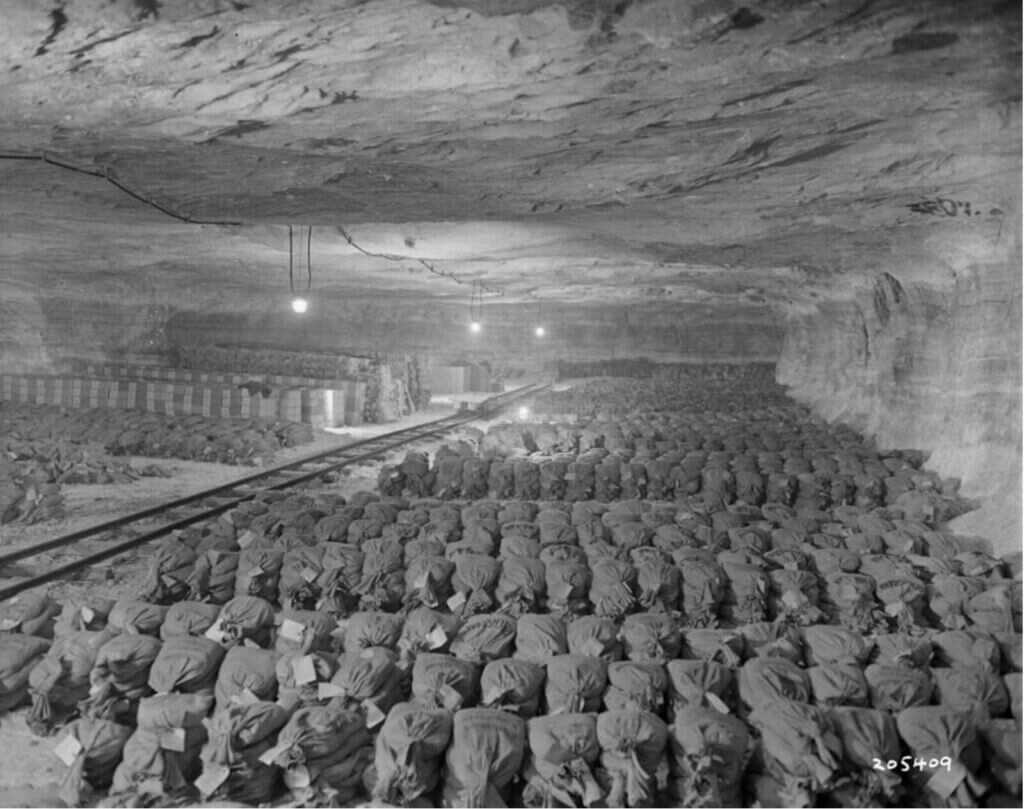 Rows of bagged Nazi gold stored inside the Merkers potassium mine during WWII