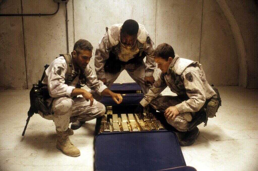 Three Kings movie still that echoes the OSS era Nazi gold heist story
