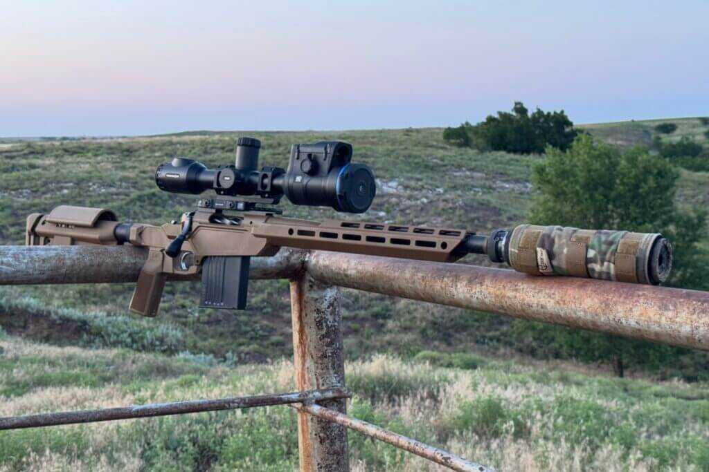 Pulsar Thermion series optic and SilencerCo Hybrid 46 suppressor on night hunt while scouting coyotes