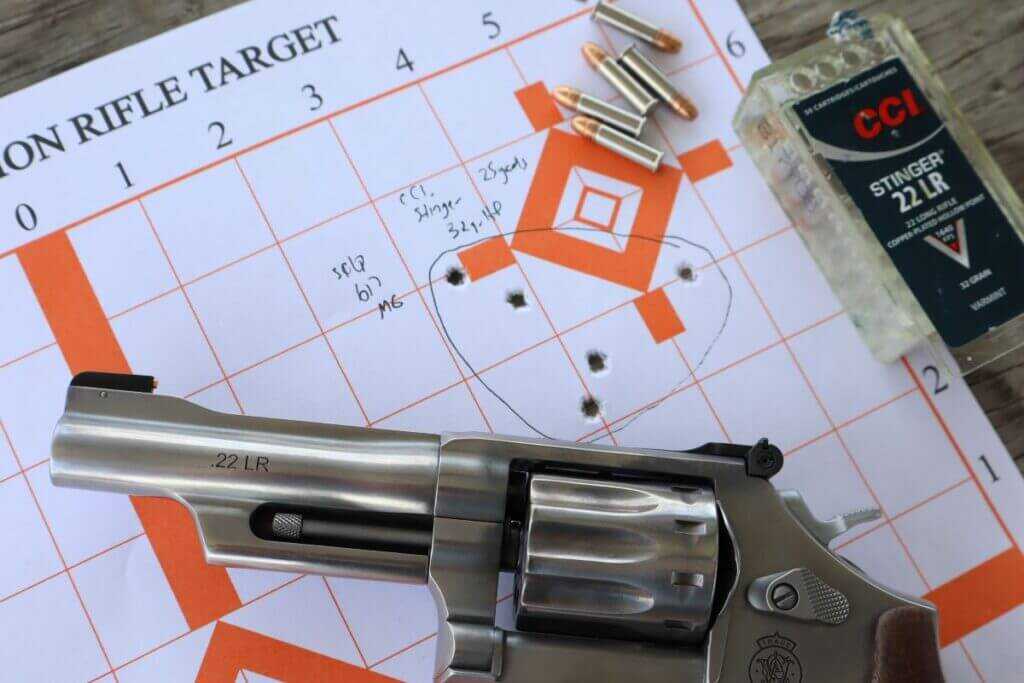 Smith & Wesson 617 Mountain Gun accuracy group on paper target at 25 yards with .22 LR ammunition