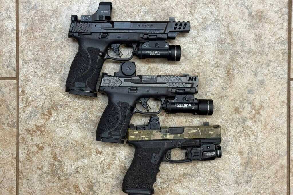 Side-by-side size comparison of Streamlight TLR-1 HL, TLR-1 HP-X, and TLR-7A on table