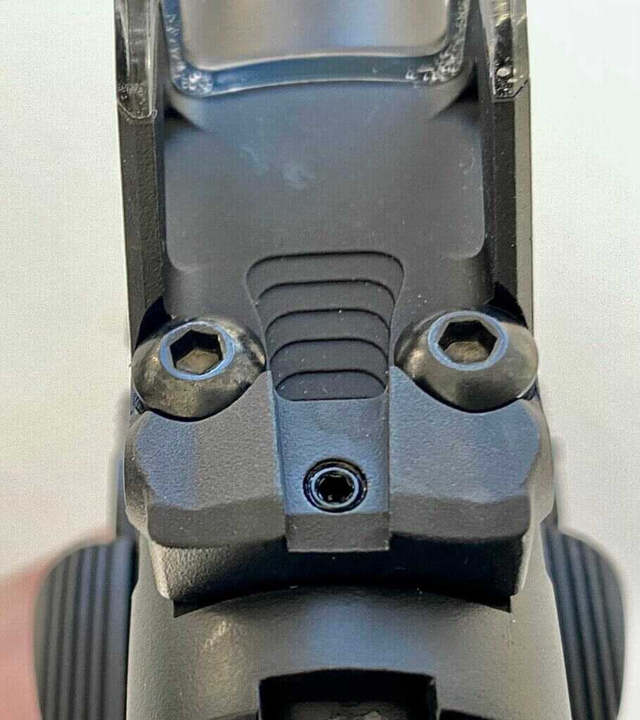 Shield OMSsc top rear view showing mounting screws and elevation control