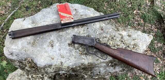 Winchester 1894 takedown rifle disassembled for travel in a motor case or leg-o-mutton case