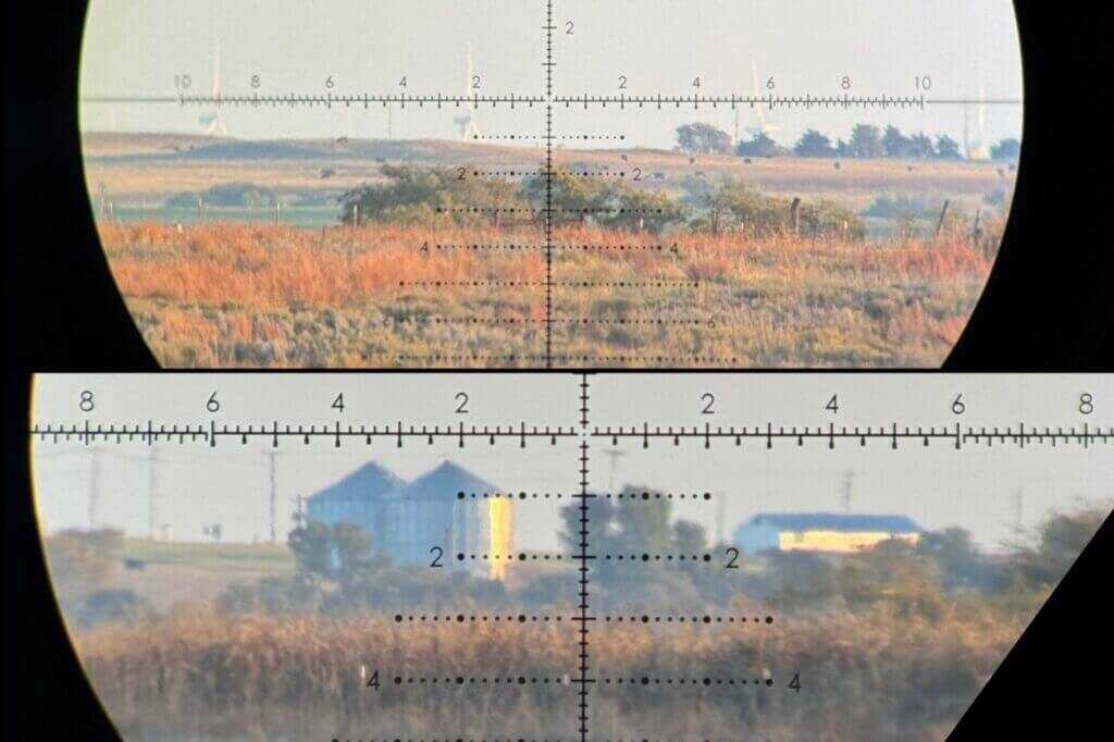 Long-distance clarity test through the Vortex Razor 4-24x44 showing cows, grain bins, and windmills