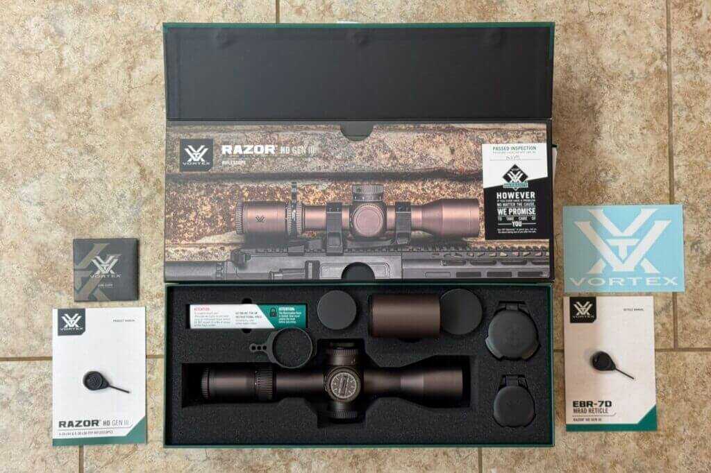 Everything included with the Vortex Razor HD Gen III 4-24x44 FFP riflescope