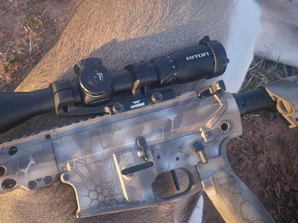 AR-10 hunting rifle beside harvested buck showing larger caliber hunting option