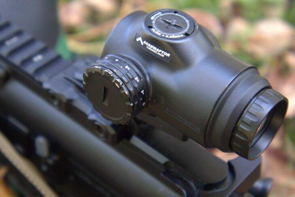 Primary Arms SLx 3x prism sight left side view with brightness adjustment knob